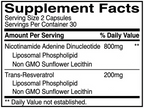 Liposomal NAD+ supplement information panel, ingredients and nutrition per serving
