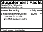 Liposomal NMN 500mg supplement information panel, ingredients and nutrition per serving