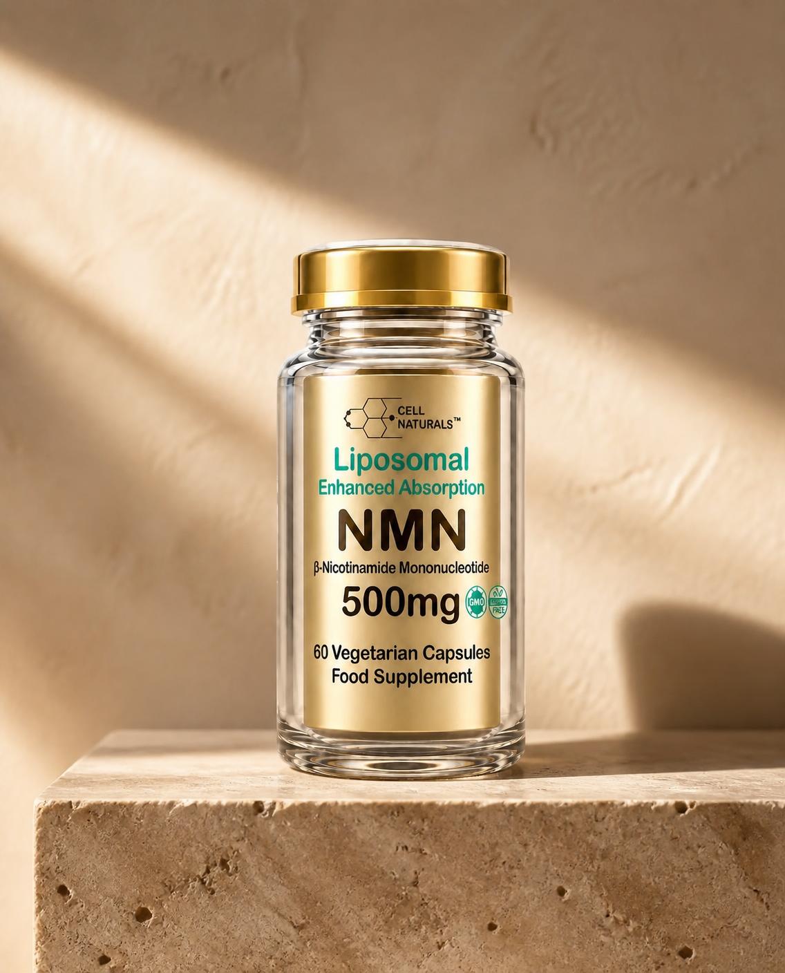 Cell Naturals Liposomal NMN 500mg bottle on a travertine ledge in natural light