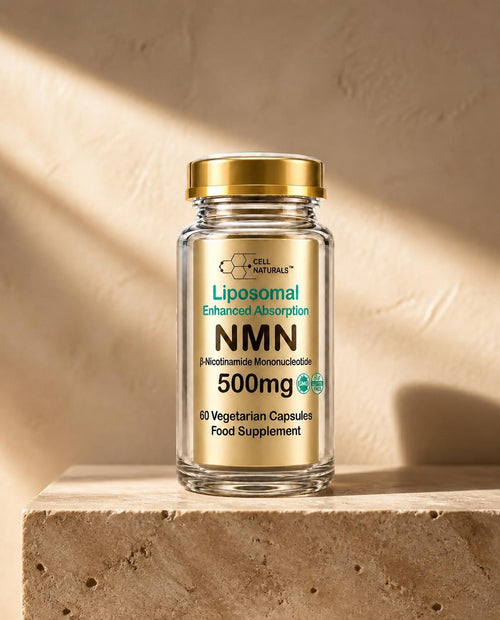 Cell Naturals Liposomal NMN 500mg bottle on a travertine ledge in natural light