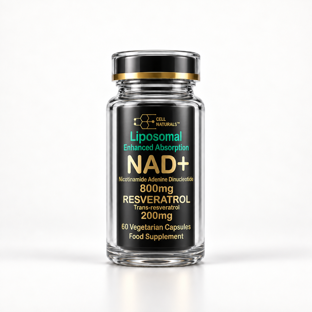 Cell Naturals Liposomal NAD+ 800mg with trans-resveratrol bottle, 60 vegetarian capsules