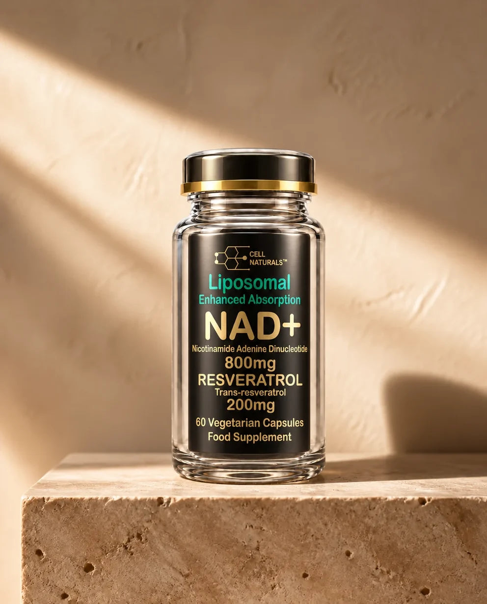 Cell Naturals Liposomal NAD+ 800mg with trans-resveratrol bottle on a travertine ledge